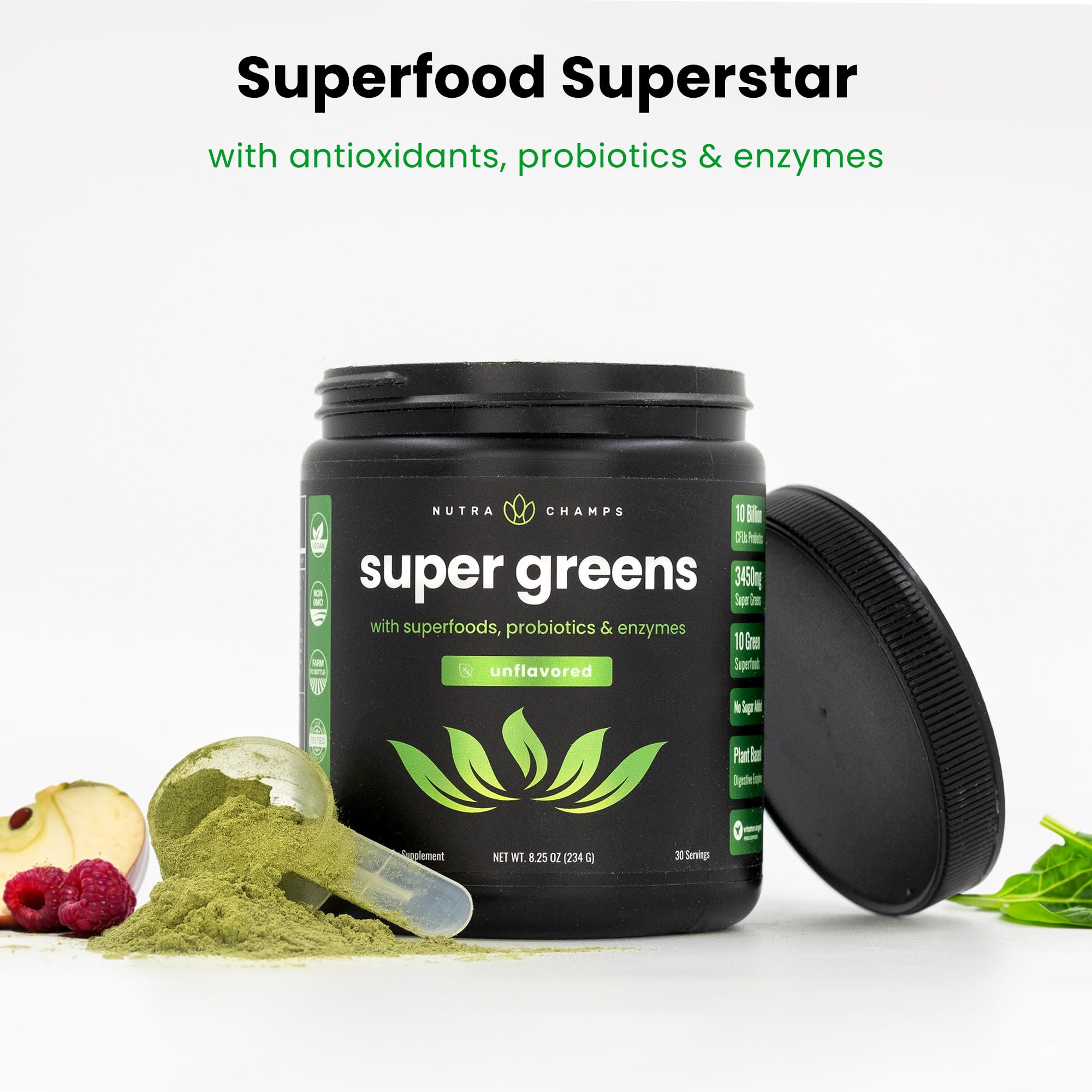 NutraChamps Super Greens ingredients panel highlights organic greens and probiotic blend