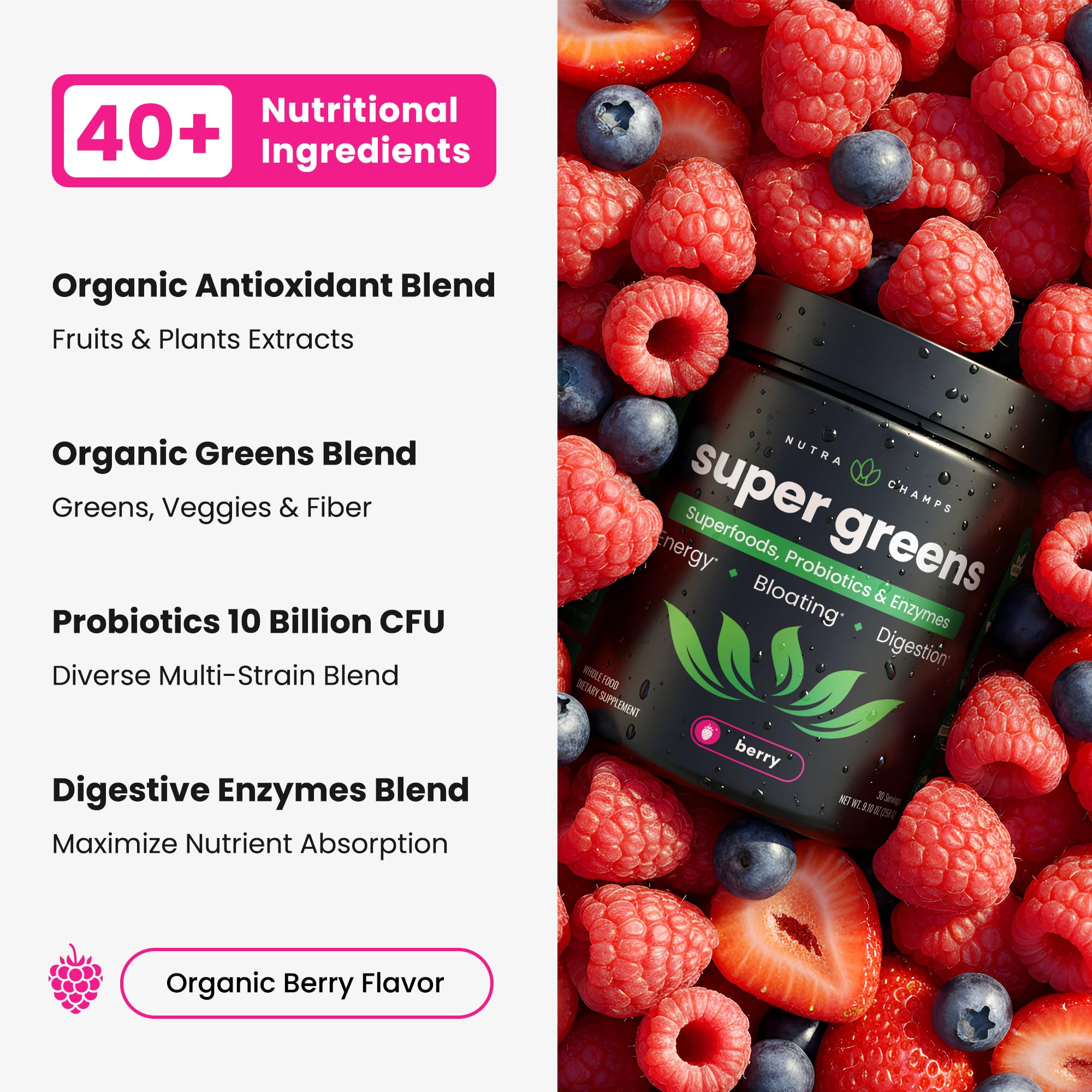 NutraChamps Super Greens measuring scoop beside a smoothie for quick nutrition.