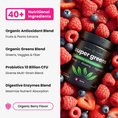NutraChamps Super Greens measuring scoop beside a smoothie for quick nutrition.
