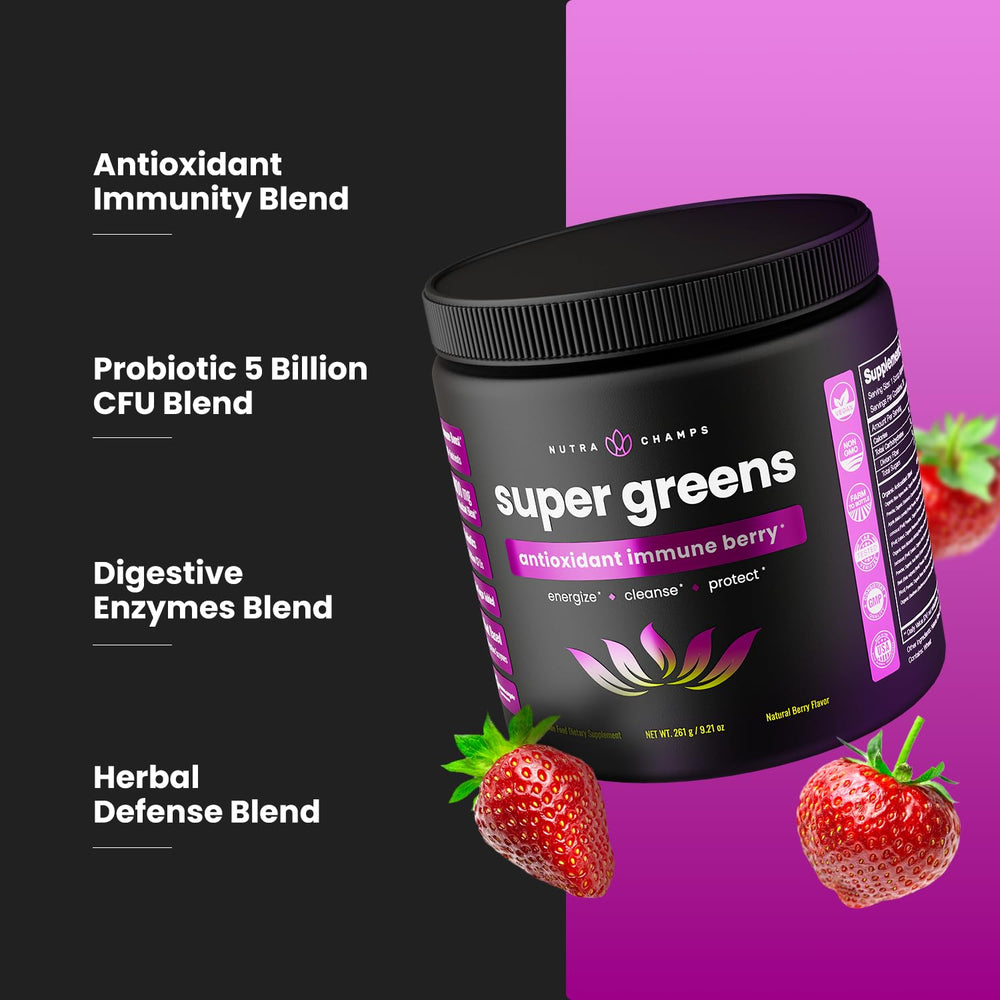 NutraChamps Super Greens powder scoop ready for quick, nutritious shakes