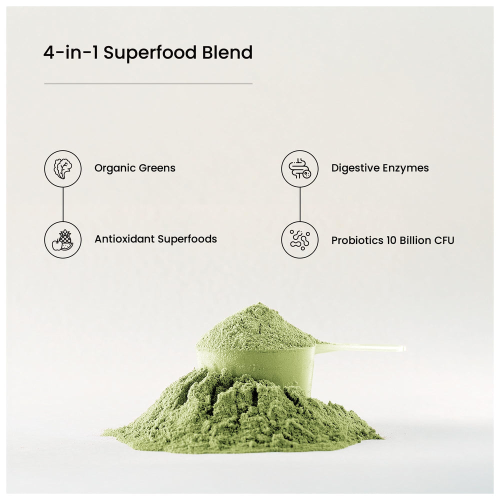 NutraChamps Super Greens scoop beside a prepared drink.