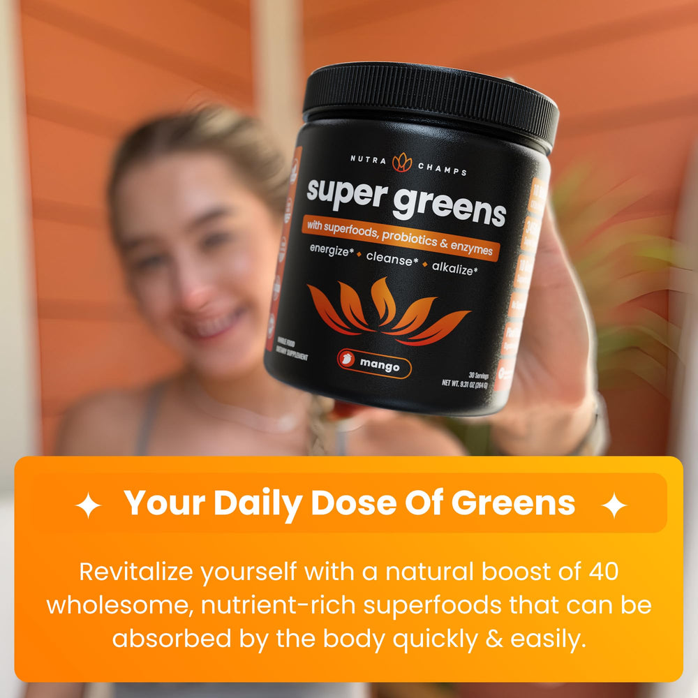 NutraChamps Super Greens powder close-up reveals fine texture and vibrant color