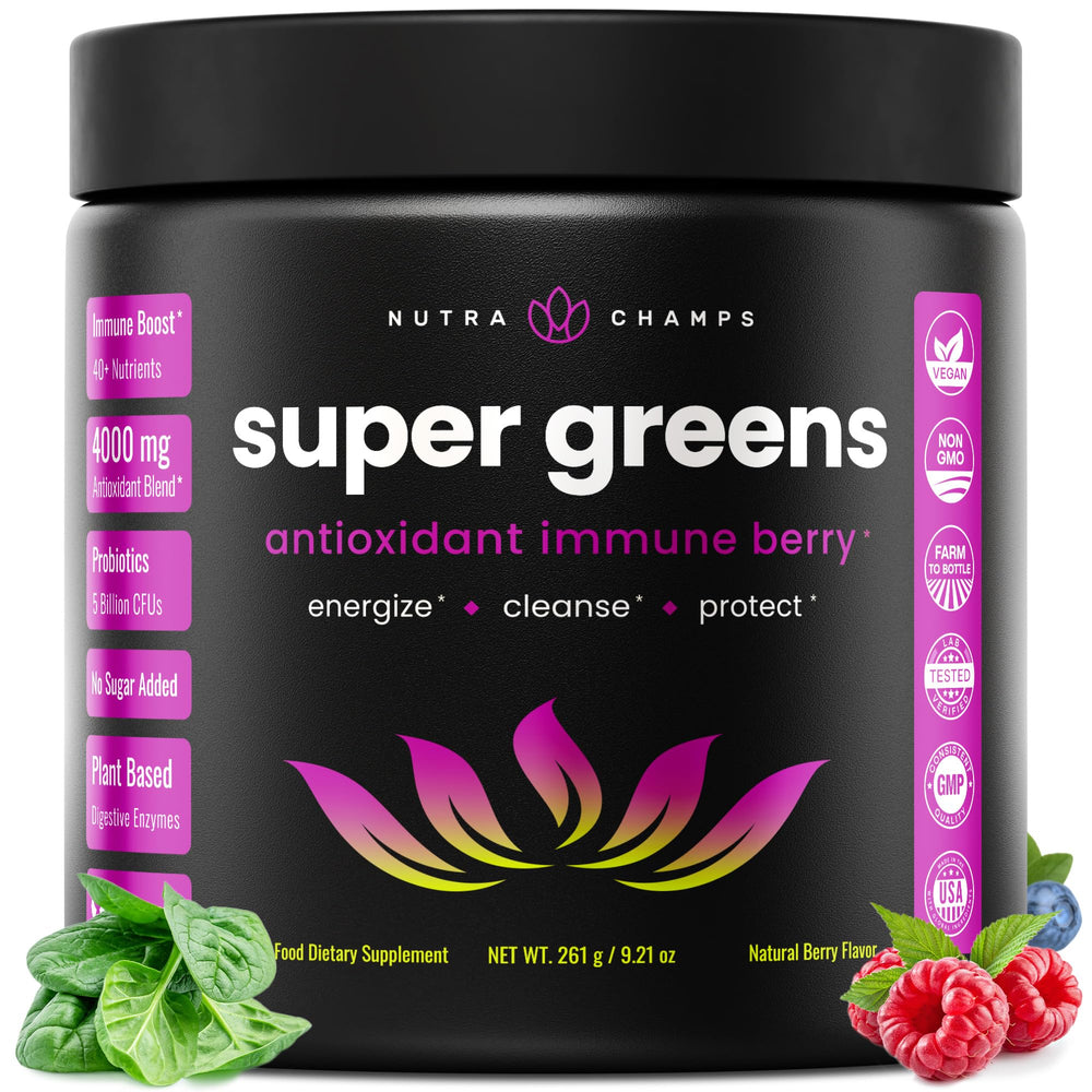 NutraChamps Super Greens powder tub closeup showing organic ingredients for daily wellness