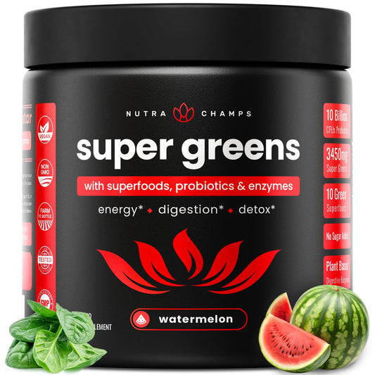 NutraChamps Super Greens powder tub front displaying the watermelon flavor.