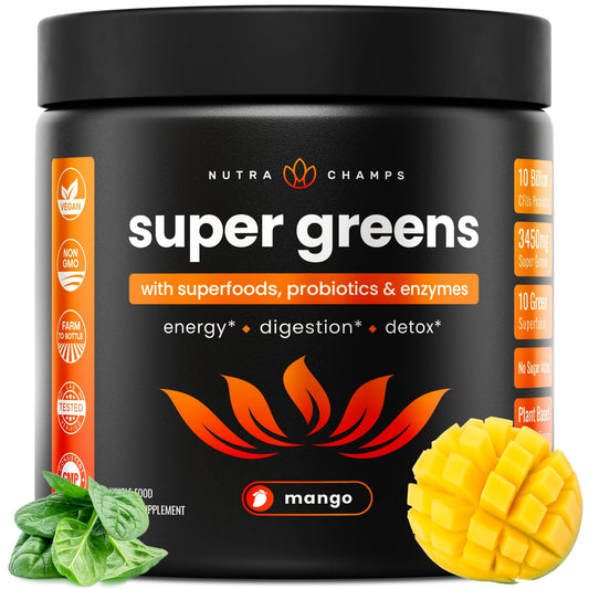 NutraChamps Super Greens powder tub front for daily greens and energy support