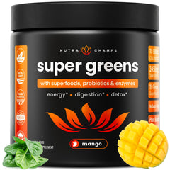NutraChamps Super Greens powder tub front for daily greens and energy support
