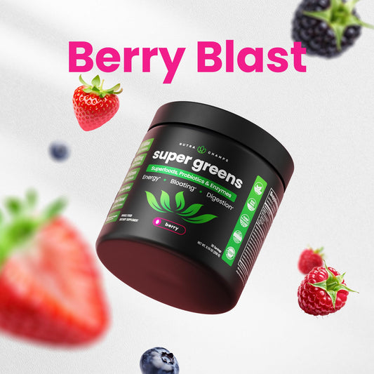 NutraChamps Super Greens powder tub open for antioxidant-rich daily greens.