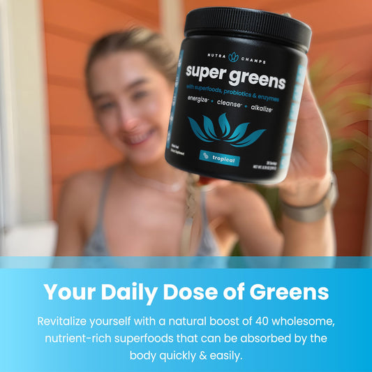 NutraChamps Super Greens scoop being stirred for a quick, convenient greens boost.