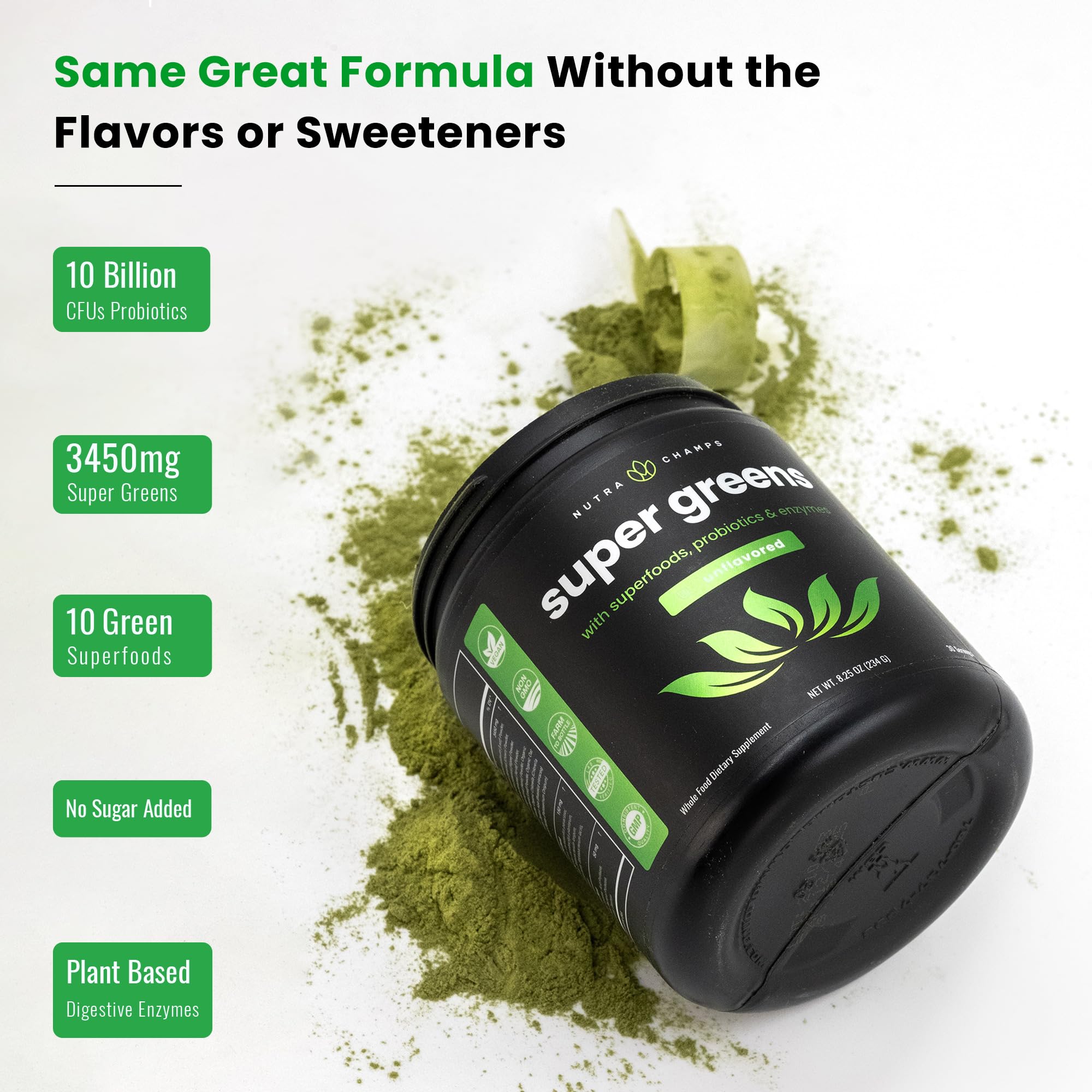 NutraChamps Super Greens bottle with serving chart guiding easy dosing