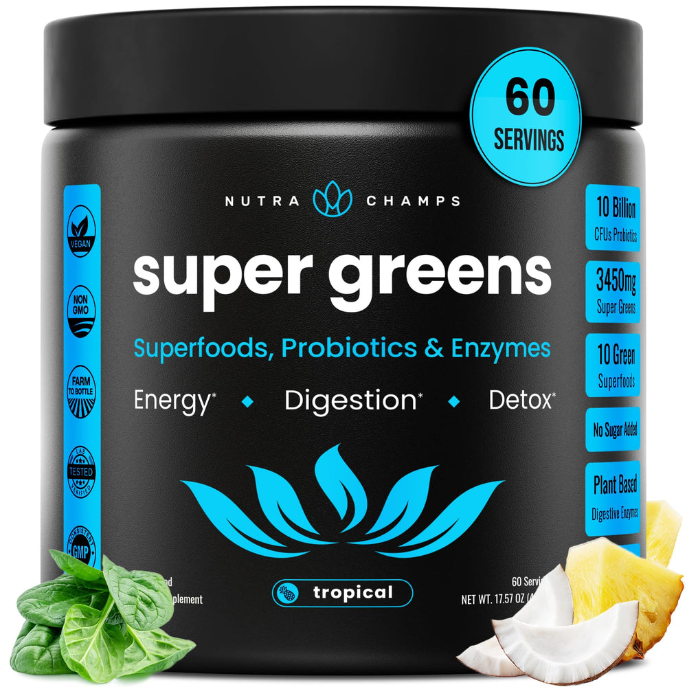 NutraChamps Super Greens tropical powder bottle highlights a convenient daily greens boost