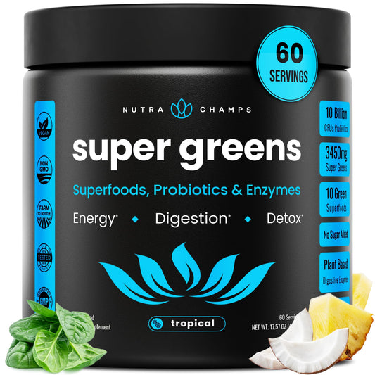 NutraChamps Super Greens tropical powder bottle highlights a convenient daily greens boost