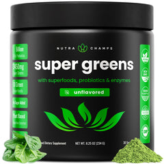 NutraChamps Super Greens tub front highlighting daily greens and antioxidant support.