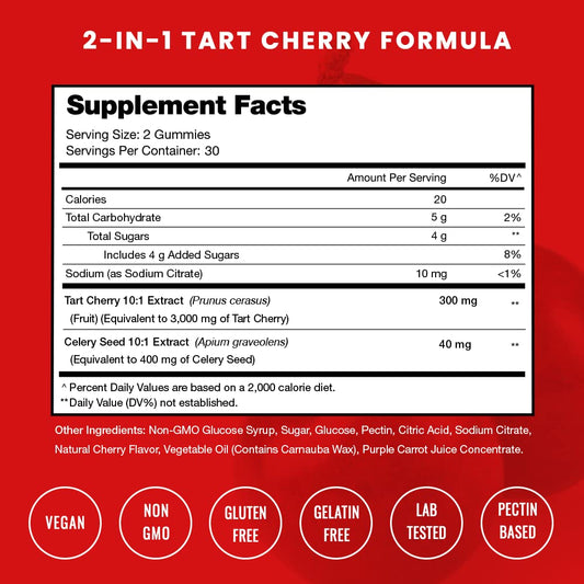 NutraChamps Tart Cherry Gummies bottle close-up highlighting tasty flavor.