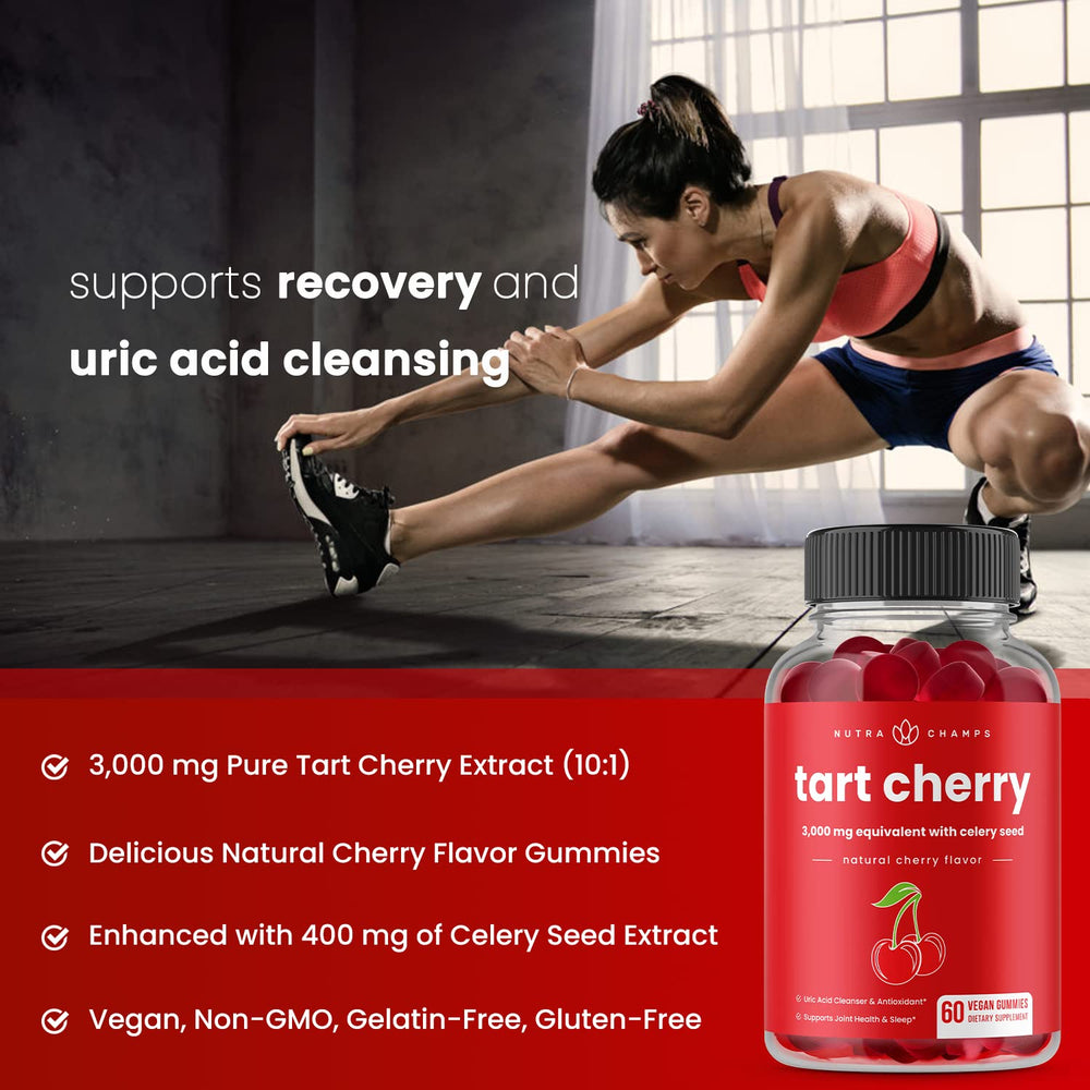 NutraChamps Tart Cherry Gummies chewy texture highlighting convenient daily intake.