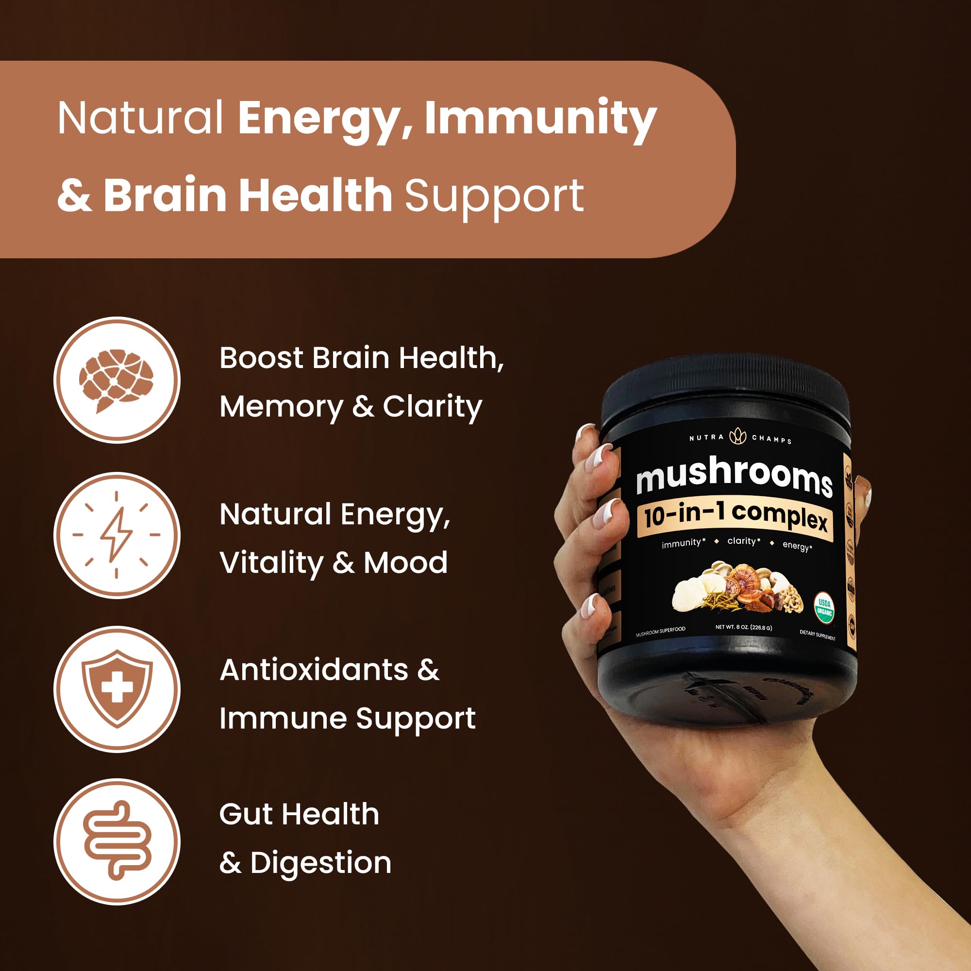 NutraChamps ten-in-one label closeup with ingredients.