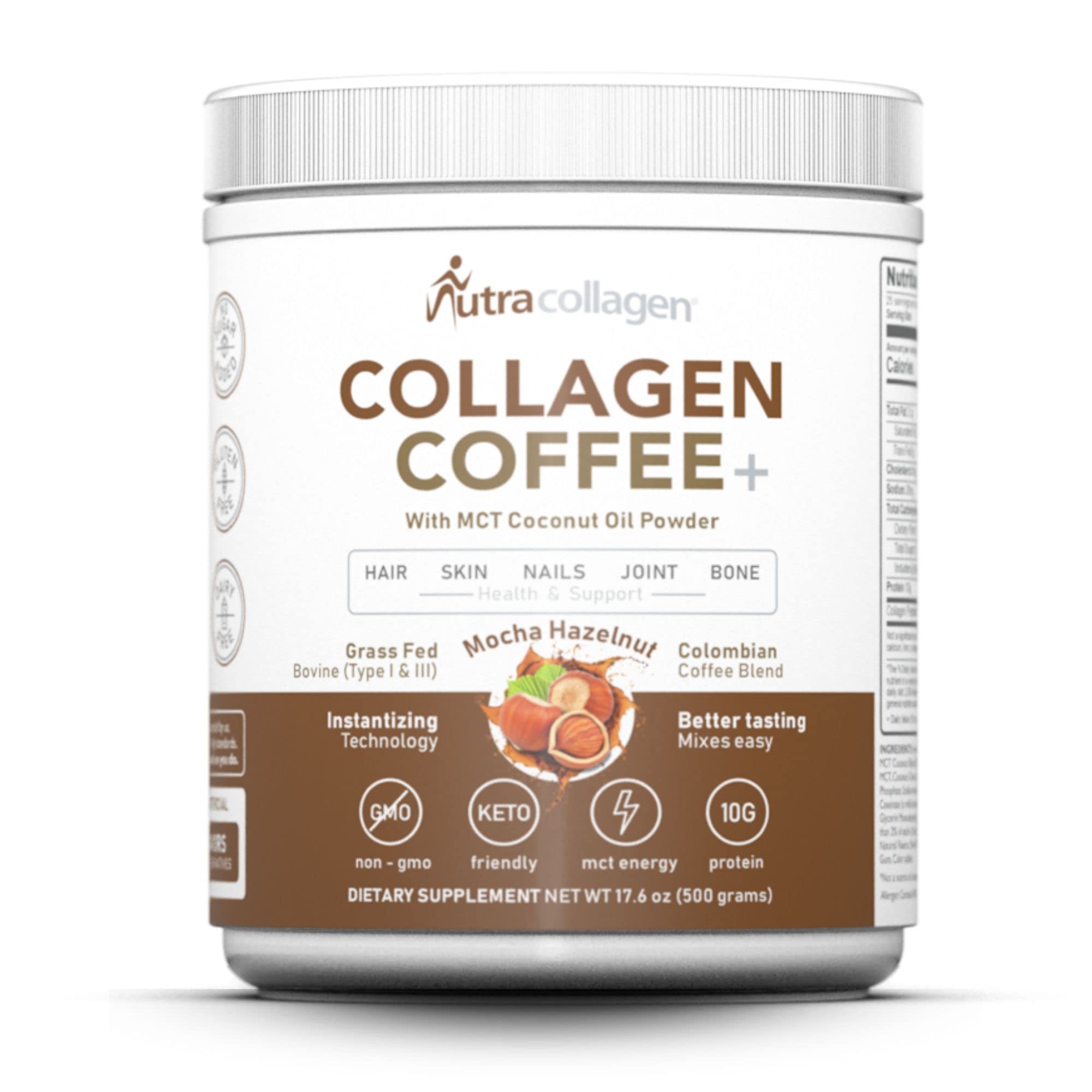 NUTRACOLLAGEN mocha hazelnut coffee powder in bag for daily beauty routine.