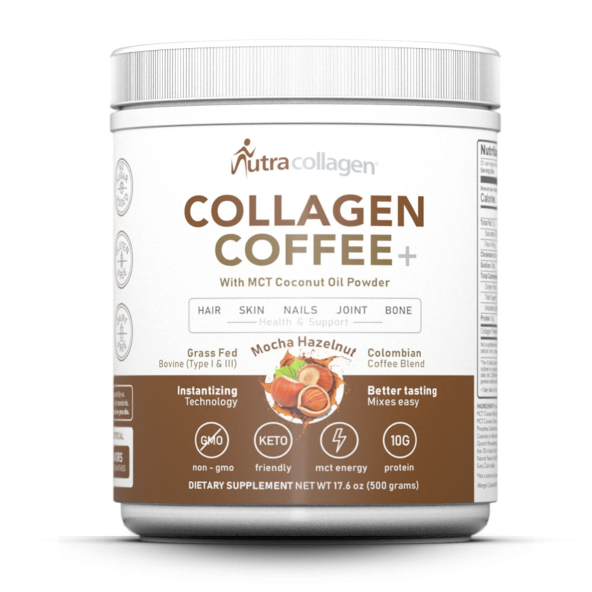 NUTRACOLLAGEN mocha hazelnut coffee powder in bag for daily beauty routine.