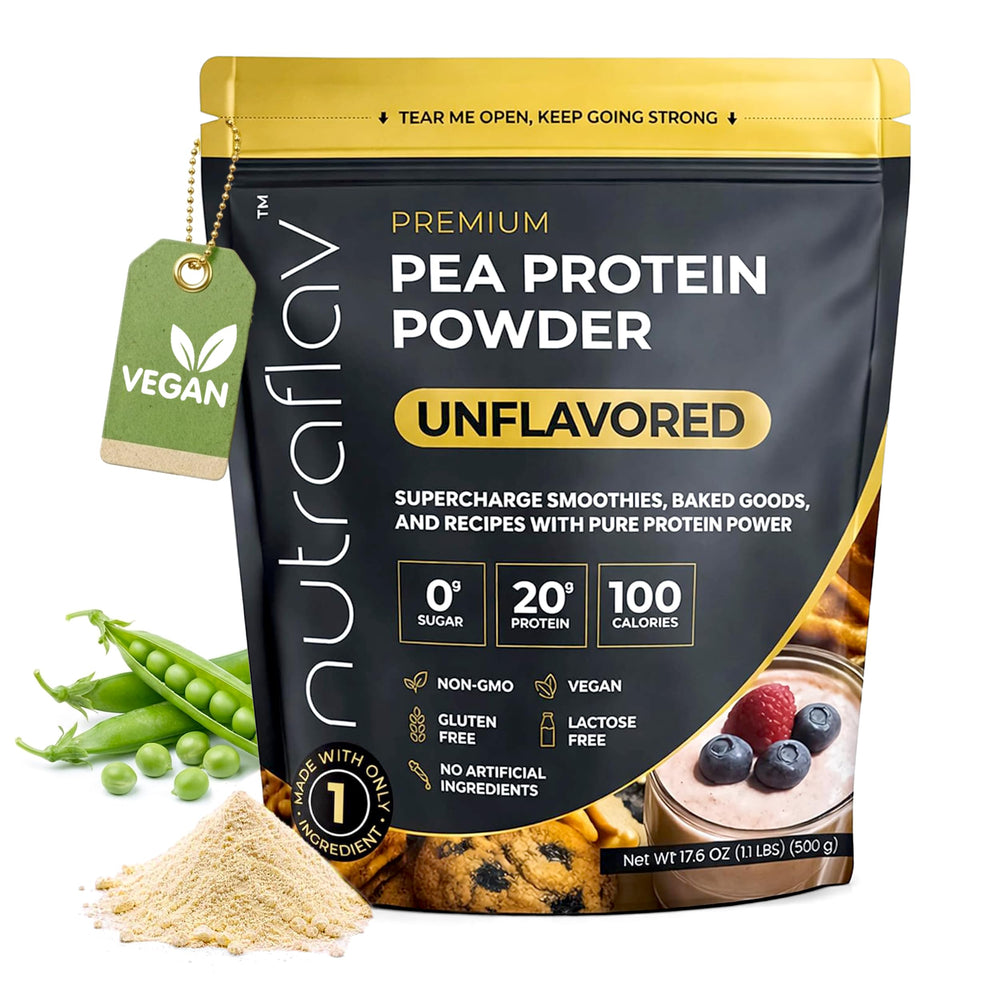 Nutraflav unflavored pea protein powder bag shows a clean, single-ingredient formula.