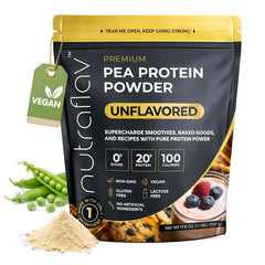 Nutraflav unflavored pea protein powder bag shows a clean, single-ingredient formula.