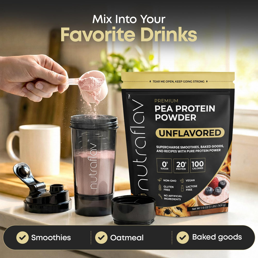 Nutraflav unflavored pea protein powder blends into oats for extra protein.