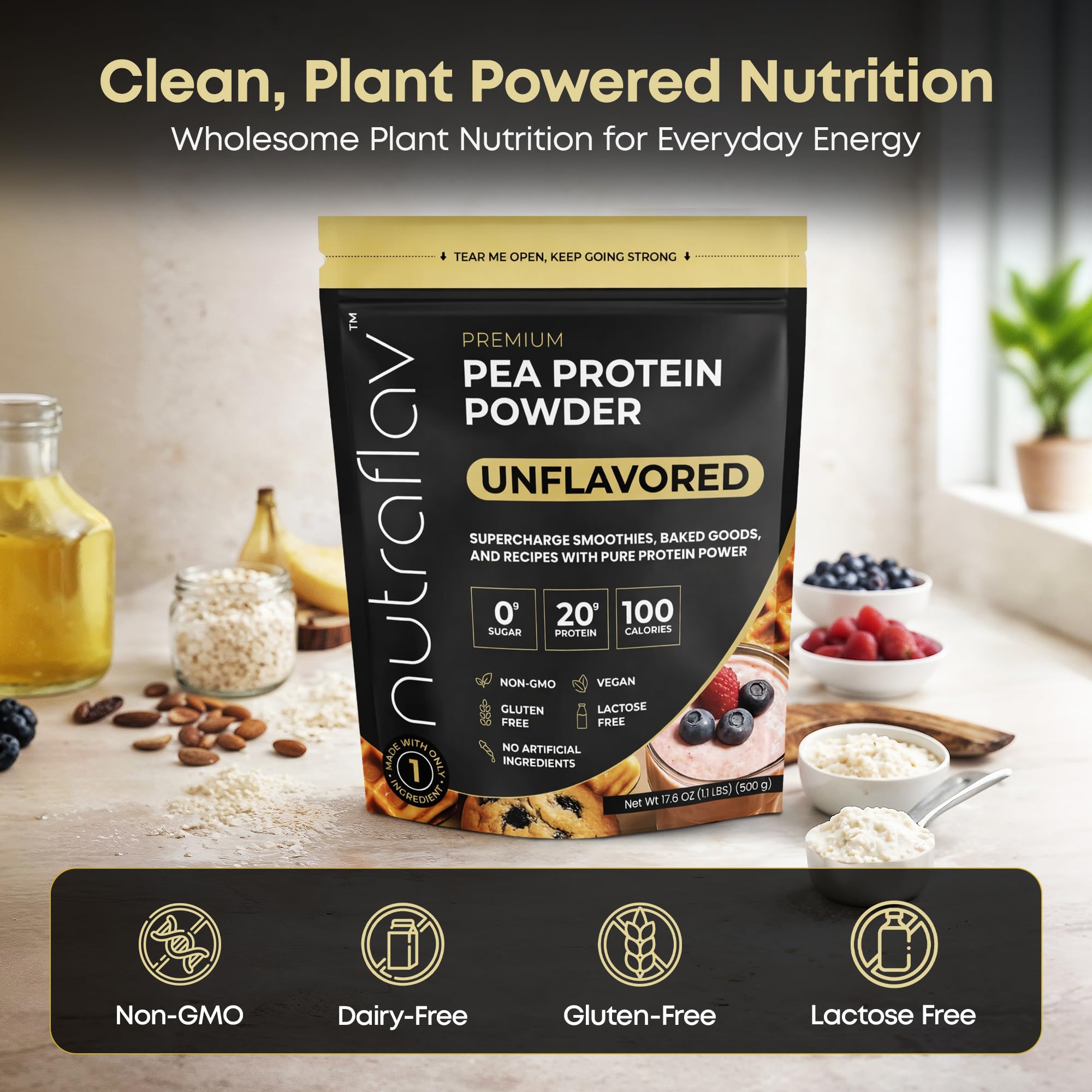 Nutraflav unflavored pea protein powder tub highlights 20g protein per serving.