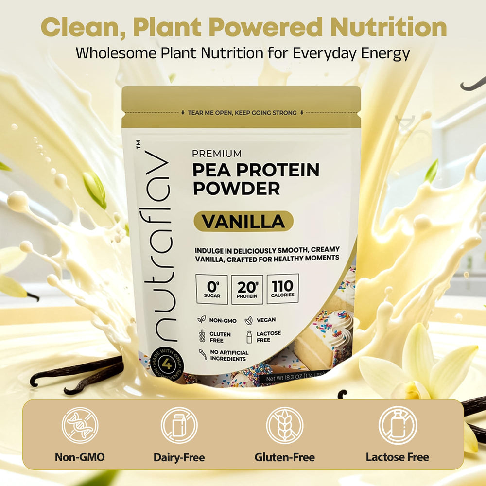 Nutraflav Vanilla Pea Protein Powder shake showing creamy vanilla blend