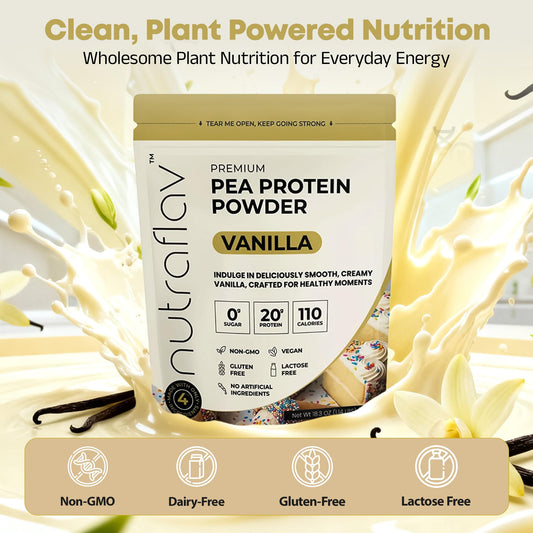 Nutraflav Vanilla Pea Protein Powder shake showing creamy vanilla blend