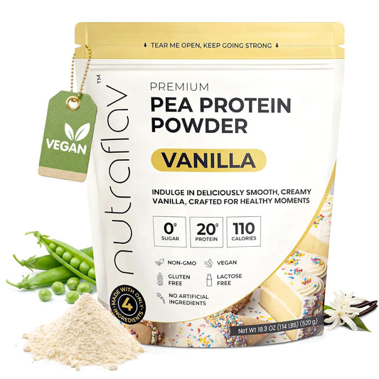 Nutraflav Vanilla Pea Protein Powder tub, iron-rich vegan protein for daily shakes