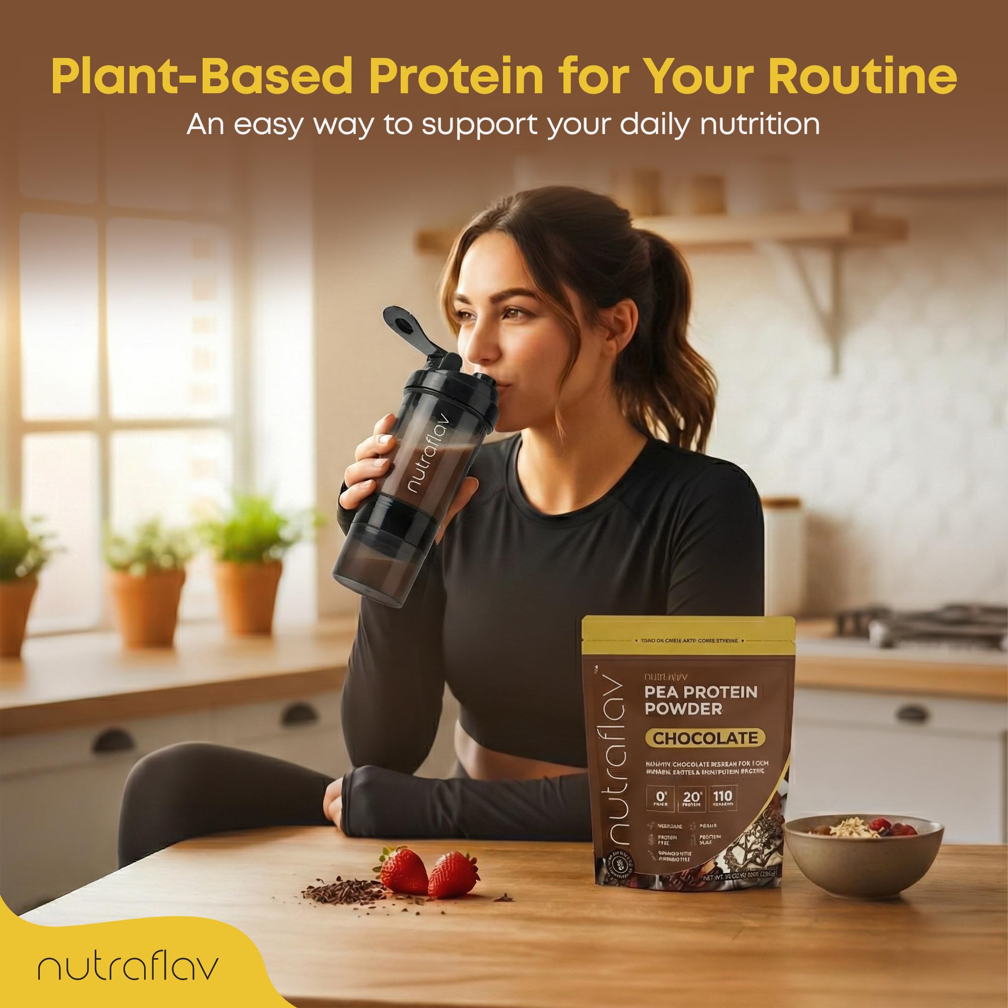 Nutraflav vegan chocolate protein shake in a glass with creamy texture