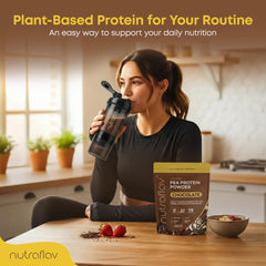 Nutraflav vegan chocolate protein shake in a glass with creamy texture