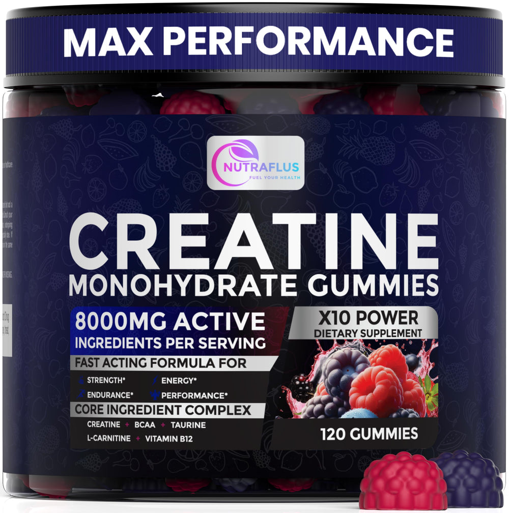 NUTRAFLUS Creatine Monohydrate Gummies bottle shows berry flavor for quick energy support
