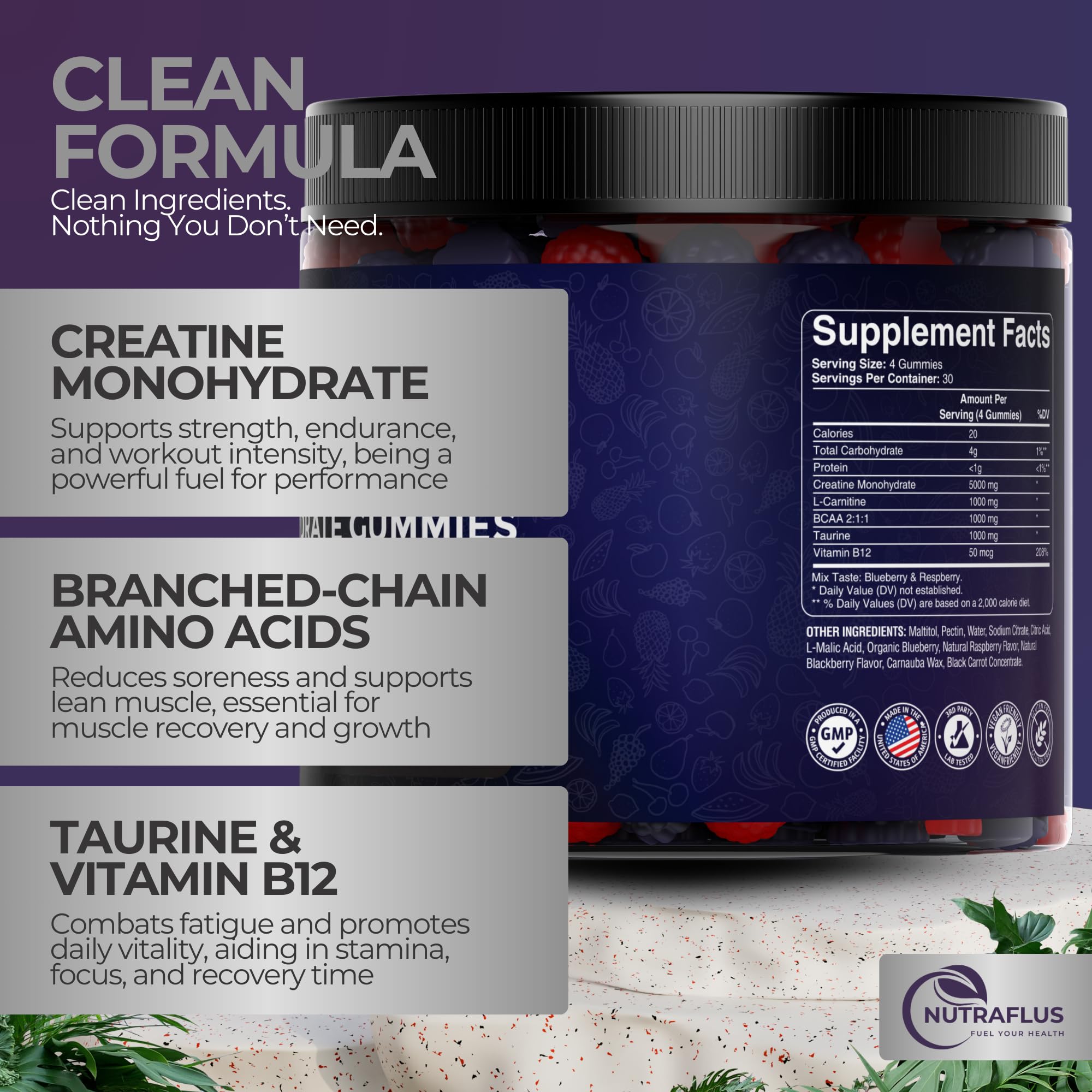 Close-up of NUTRAFLUS berry gummy emphasizing fast absorption and easy chew