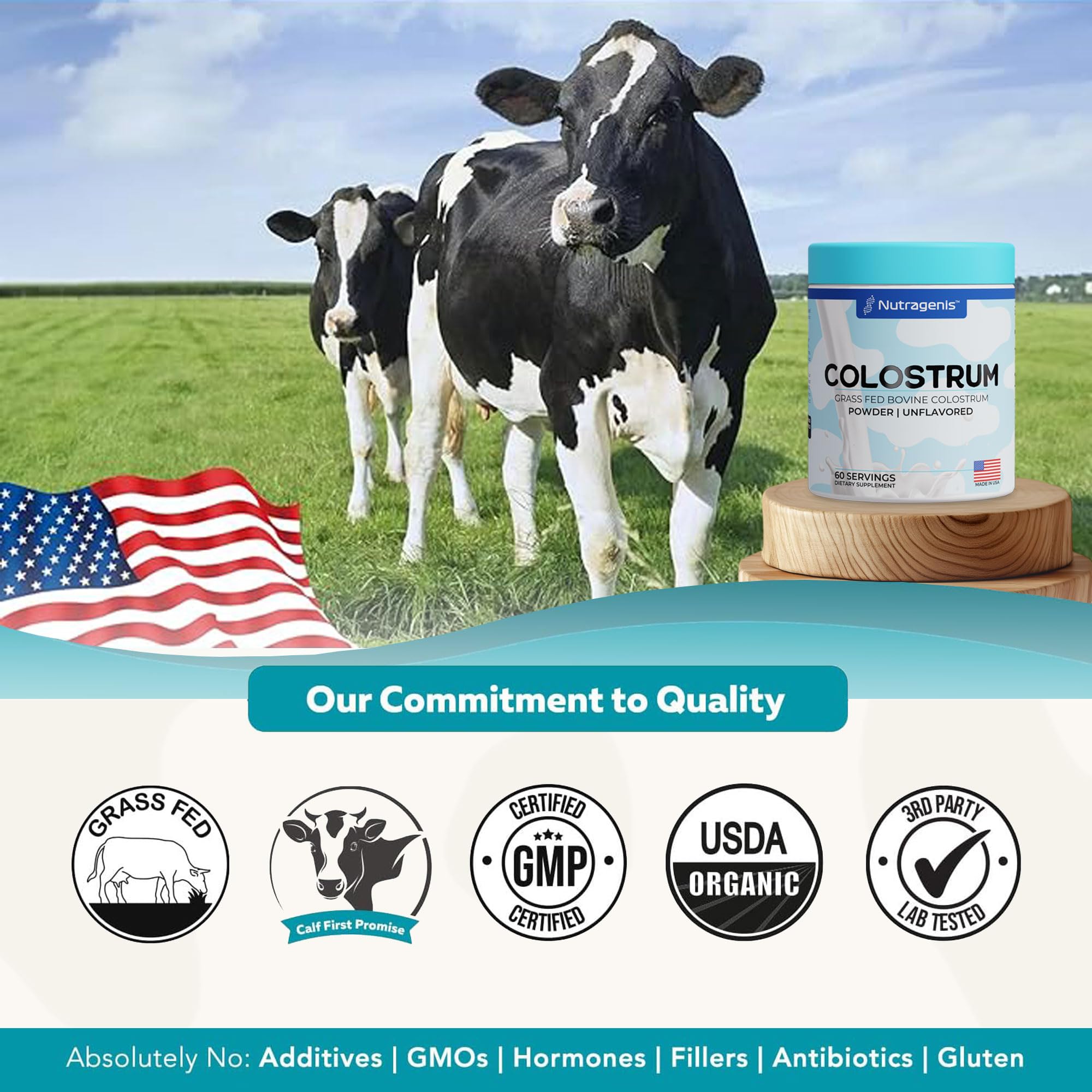 Nutragenis colostrum bioactive nutrients overview image highlighting 400+ nutrients.