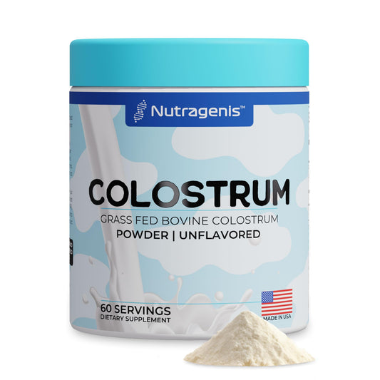 Nutragenis Colostrum Premium powder bottle shown for daily immune and gut support.