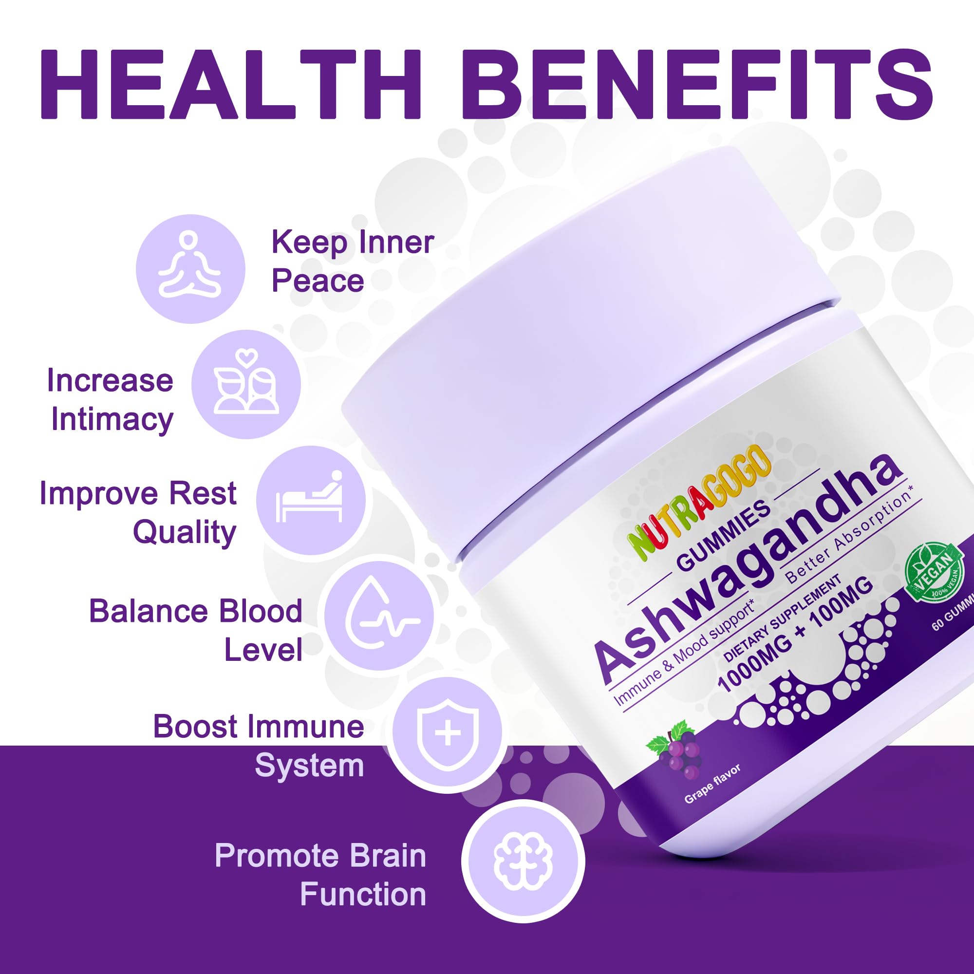 NUTRAGOGO Ashwagandha Gummies highlight non-GMO, sugar-free formula.