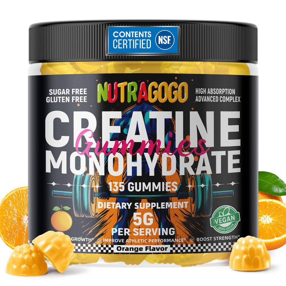 NUTRAGOGO Creatine Gummies bottle highlights vegan, sugar-free formula for athletes.