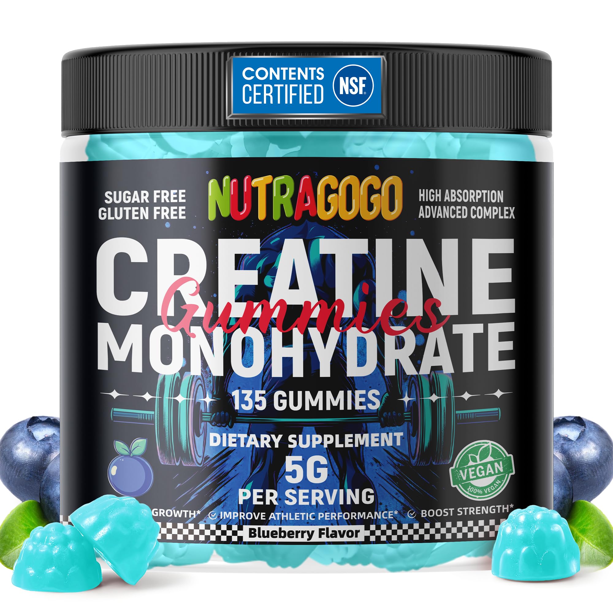 NUTRAGOGO Creatine Gummy bottle front showing label and flavor-friendly design for daily use