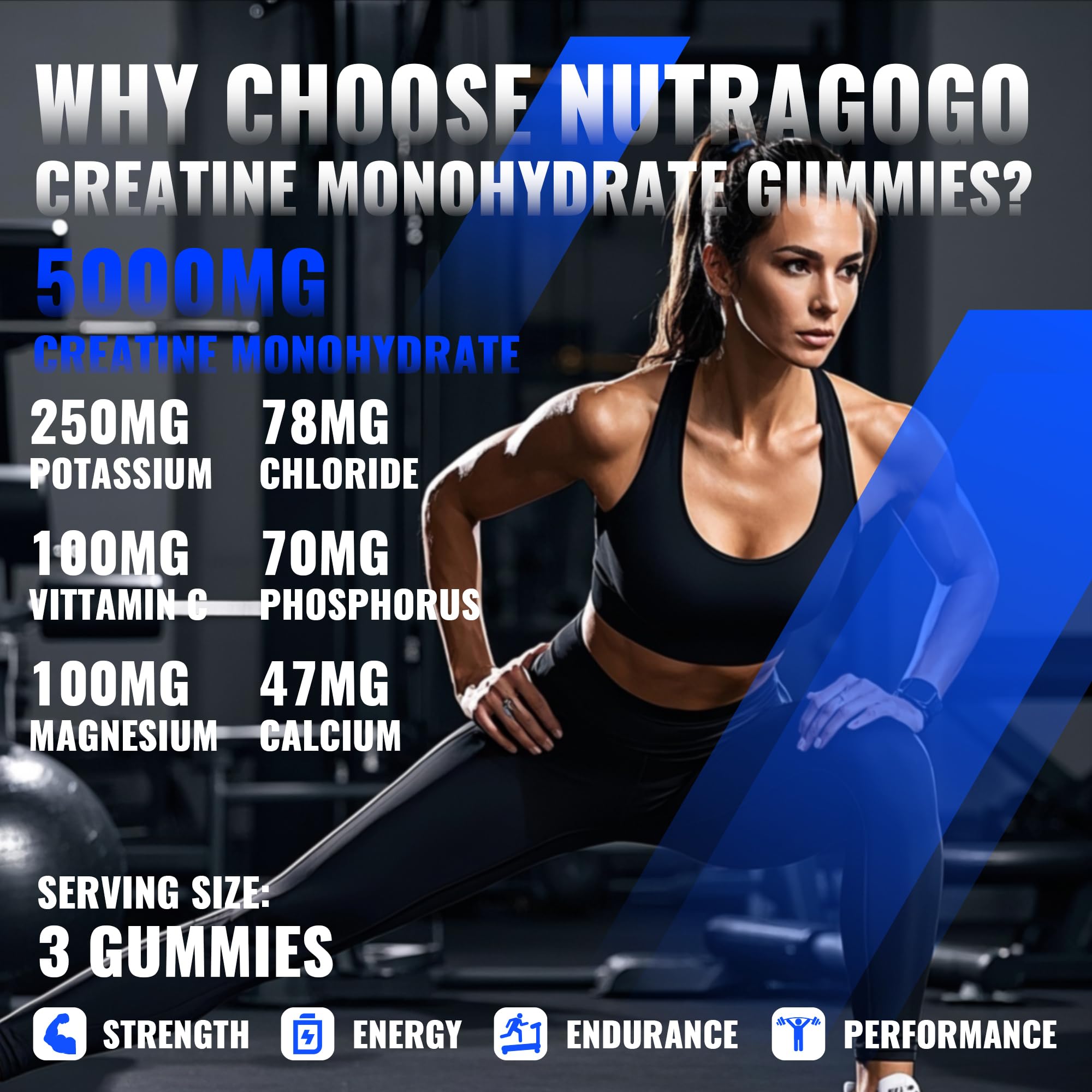 NUTRAGOGO Creatine Gummy bottle side panel highlights vegan, sugar-free formula