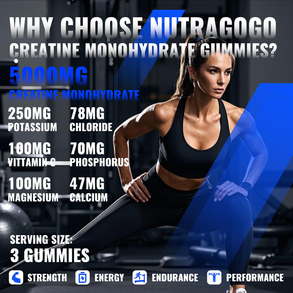 NUTRAGOGO Creatine Gummy bottle side panel highlights vegan, sugar-free formula
