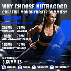 NUTRAGOGO Creatine Gummy bottle side panel highlights vegan, sugar-free formula