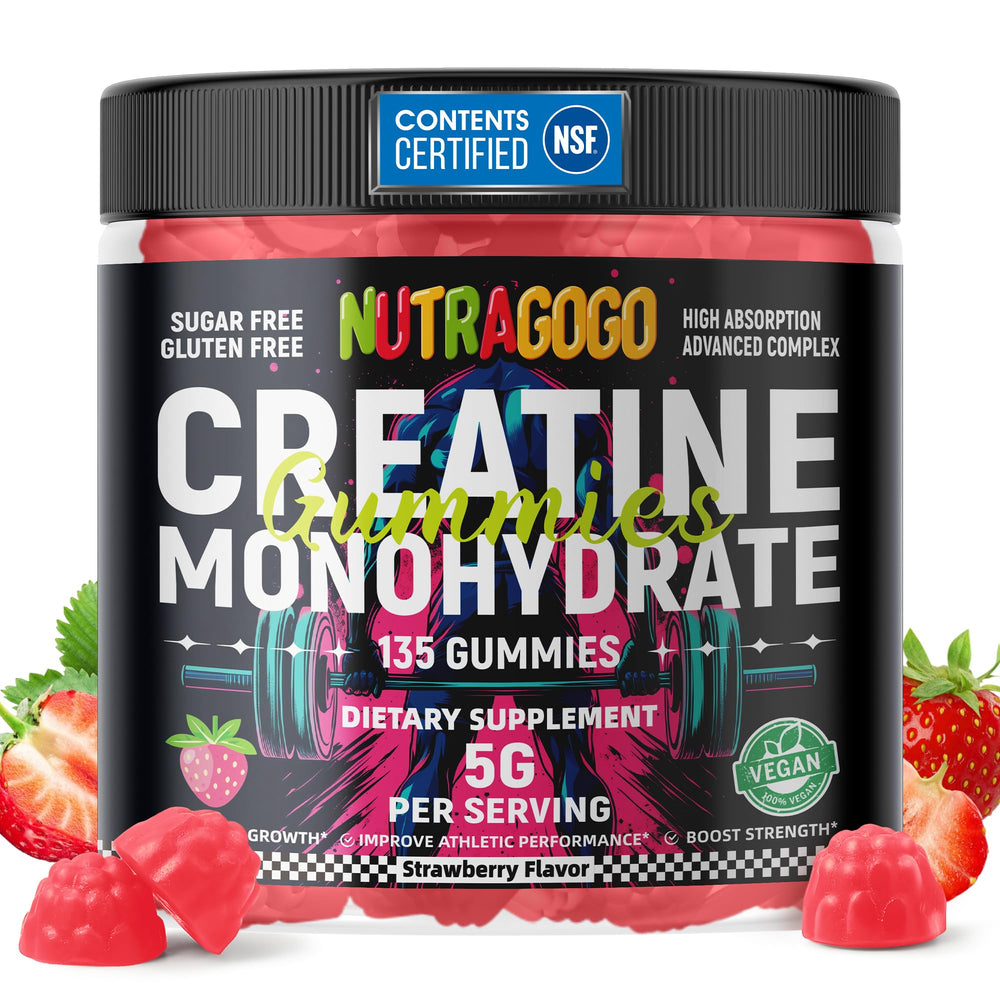NUTRAGOGO Creatine Gummies pack shot showing convenient daily use for workouts