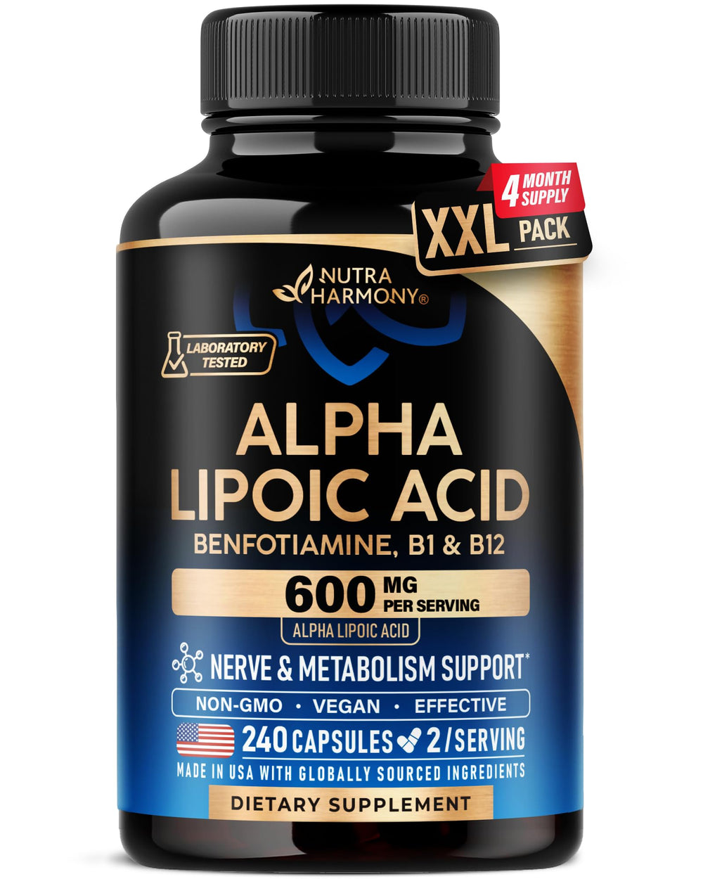 NutraHarmony Alpha Lipoic Acid 600mg bottle for convenient daily antioxidant support.