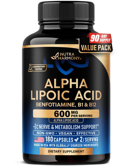 NutraHarmony Alpha Lipoic Acid 600mg bottle on white background for daily antioxidant support.