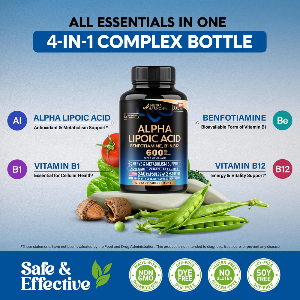 NutraHarmony ingredients panel showing Benfotiamine and B vitamins.