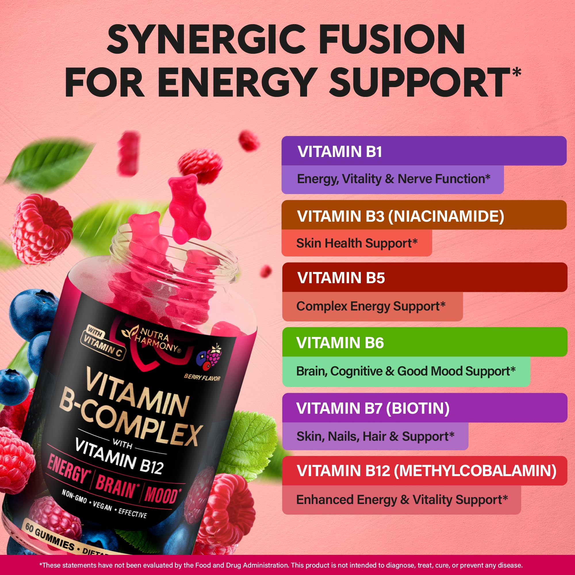 NUTRAHARMONY B-Complex gummies ingredients label showcasing vegan formula