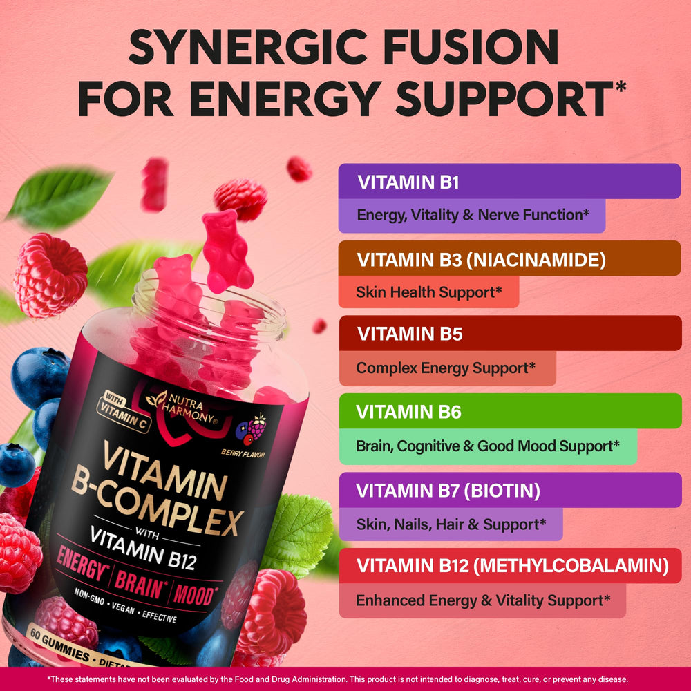 NUTRAHARMONY B-Complex gummies ingredients label showcasing vegan formula