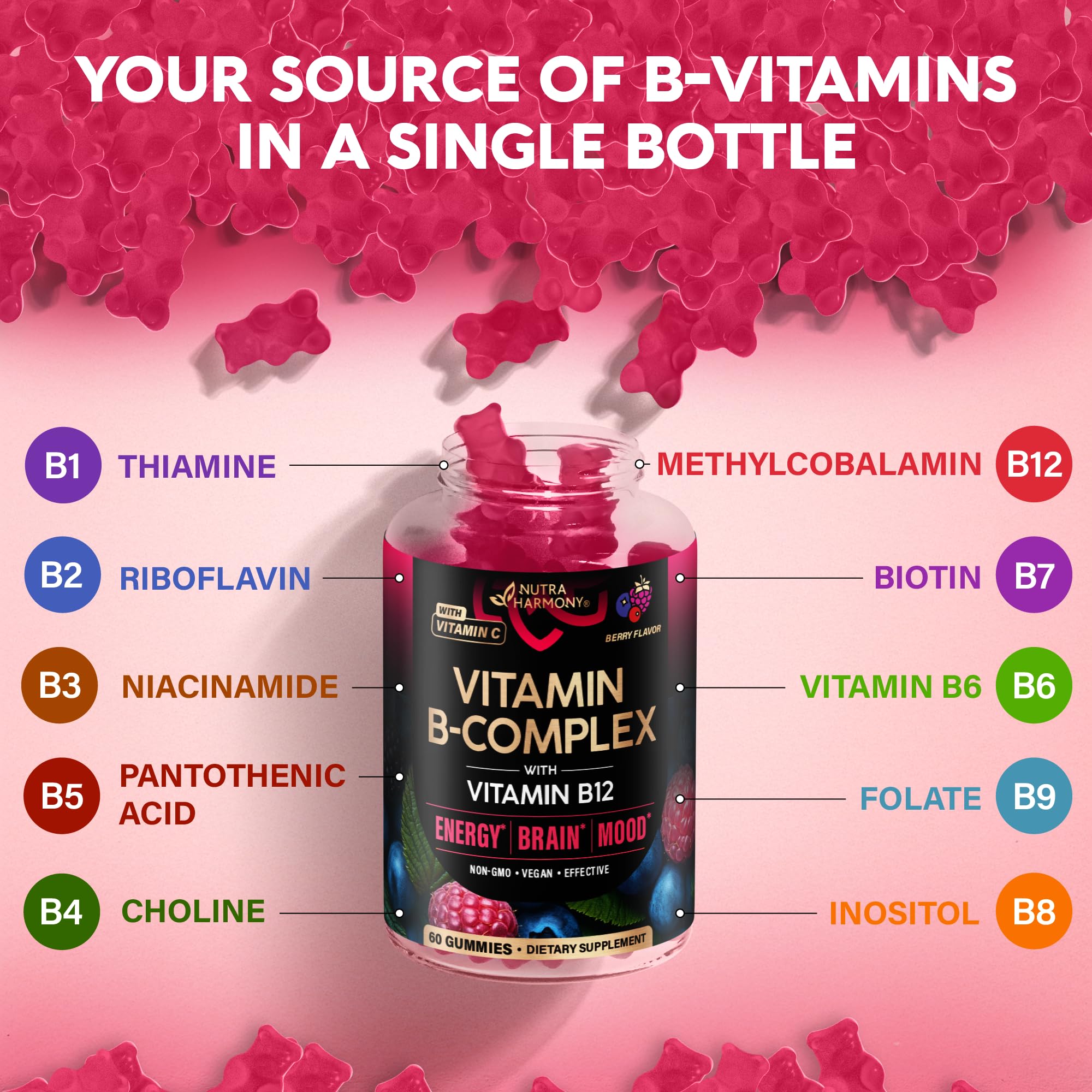 NUTRAHARMONY vegan B-Complex gummies display clean ingredient panel
