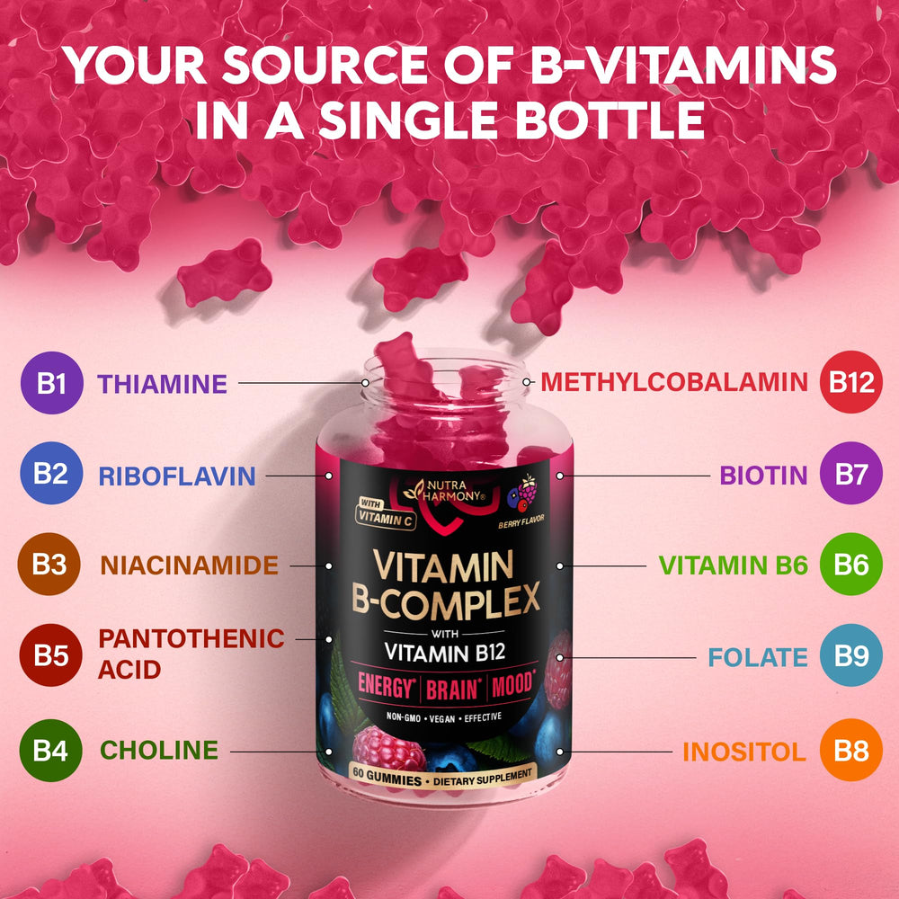 NUTRAHARMONY vegan B-Complex gummies display clean ingredient panel