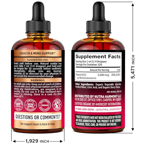 NutraHarmony B12 drops bottle back label highlighting organic, sugar-free formula.