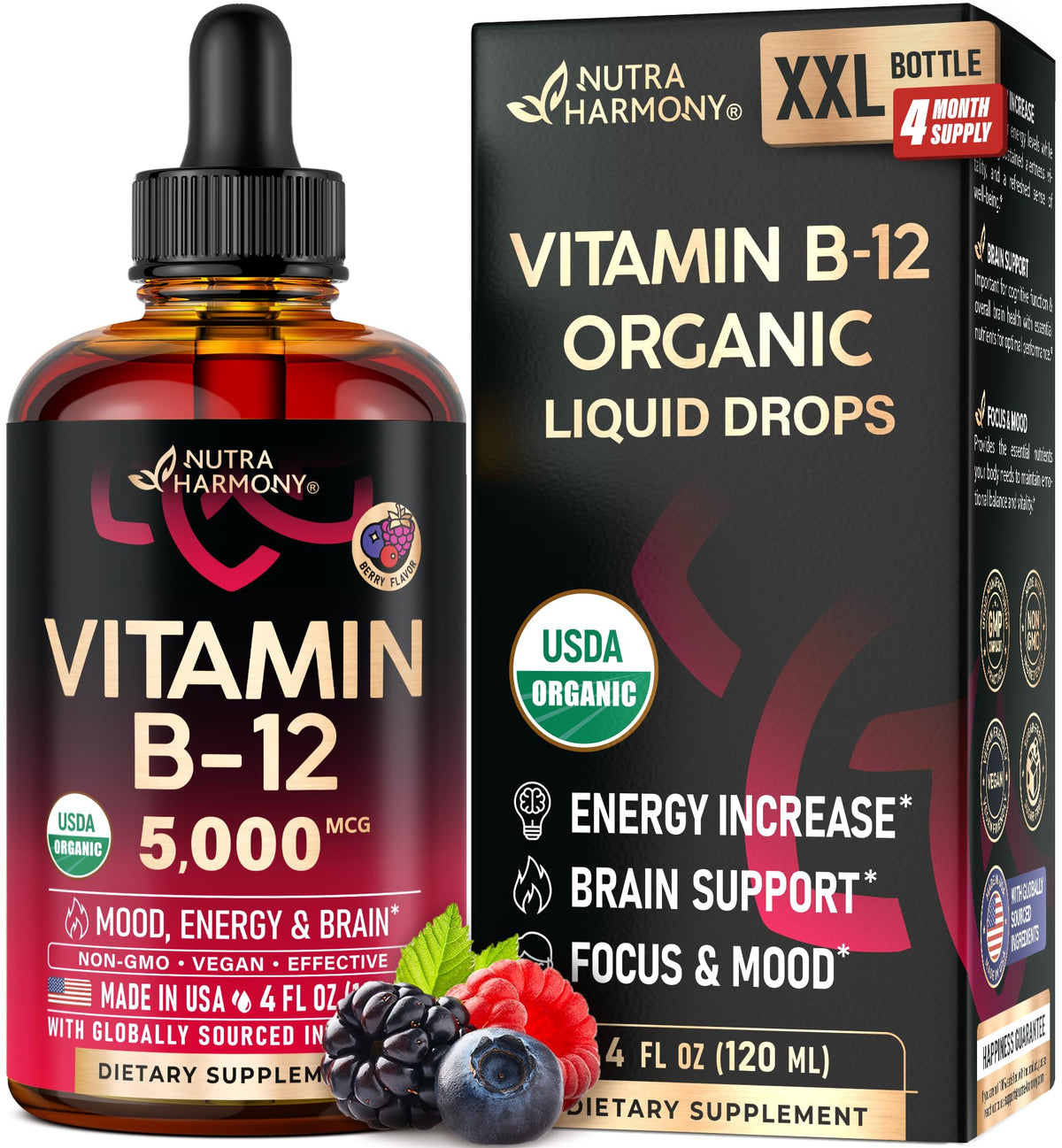NutraHarmony B12 drops bottle front, vegan methylcobalamin for steady energy and mood support.
